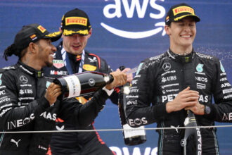 Podio Gran Premio España Russell Hamilton Verstappen