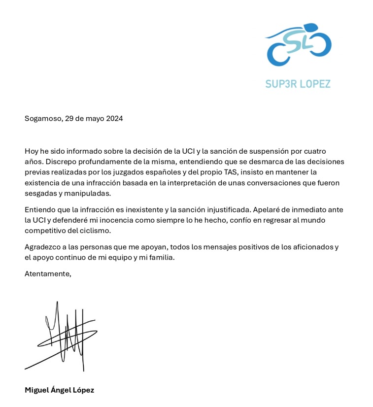 Miguel Ángel López apelará la sanción que le impuso la UCI