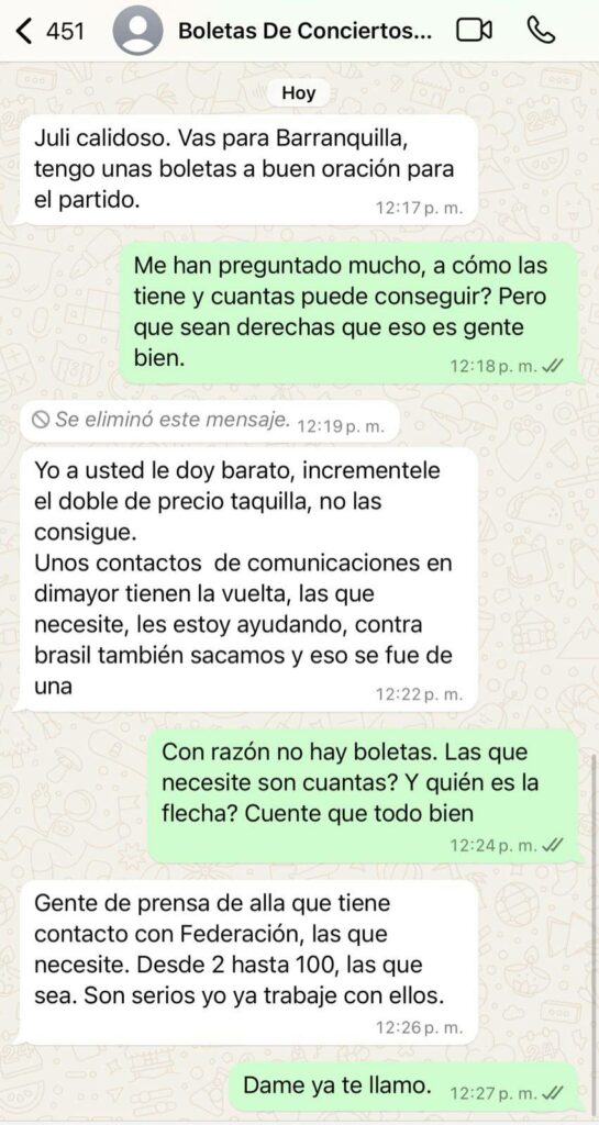 Periodista hace grave denuncia por reventa de boletería para Colombia vs Argentina