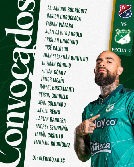 Deportivo Cali dio a conocer a su grupo de convocados para el partido contra Deportivo Independiente Medellín, que será por la fecha 9 de la Liga BetPlay 2025-1.El conjunto ‘Azucarero’ v